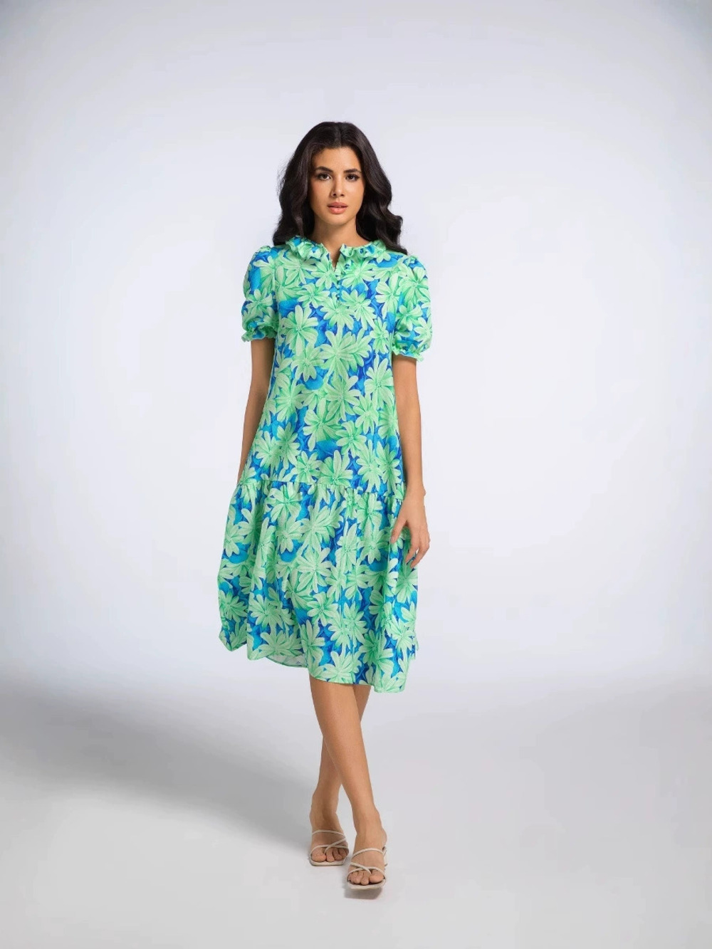 ZARA Summer Ruffle Sleeve Women Pleated Bow Thai Print Maxi Dress